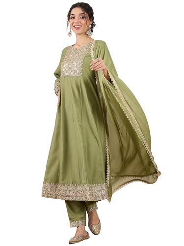 Image of VredeVogel Women's Silk Blend Embroidered Anarkali Kurta with Pant & Dupatta Set | Festive & Casual Women Ethnic Kurta Set for Women