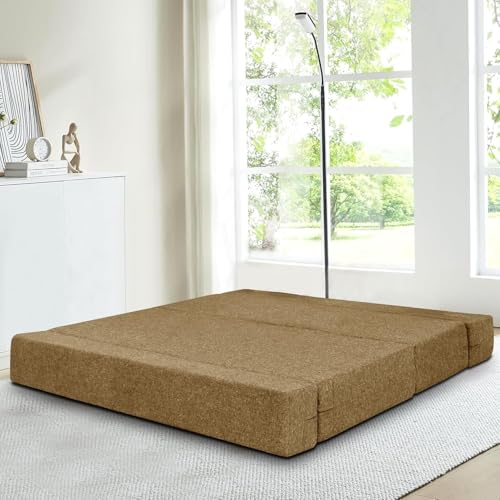 Image of Rosebell One Seater Sofa Cum Bed | Jute Fabric Washable Cover | with Cushions Perfect for Guest | Golden-Color | 3' X 6' Feet