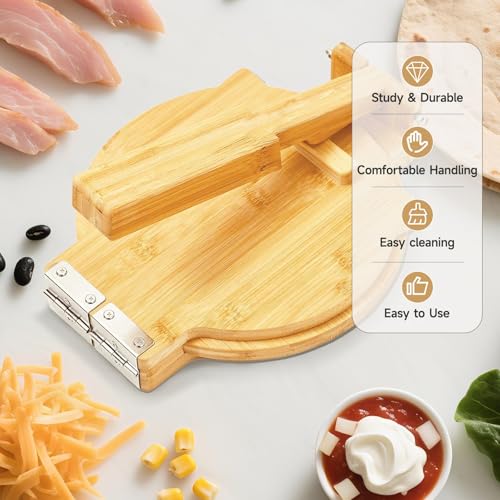Image of Wooden Tortilla Press 10 Inch - Tortilla Maker Bamboo Prensa para Tortillas with 50 Parchment Paper & Dough Cutter, Mexican Tortillera Press for Homemade Corn Tortillas, Burritos, Taco, Roti