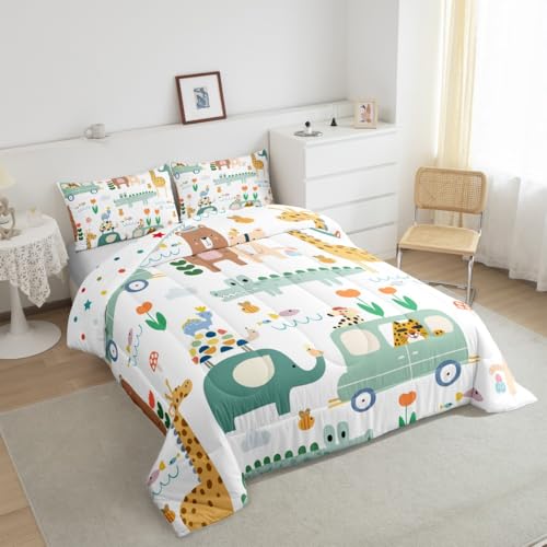 Image of Feelyou Zoo Animals Comforter Set Full Size, Cartoon Elephant Comforter for Kids Boys Girls Crocodile Bedding Set Bear Rabbit Duvet Insert with 2 Pillow Case