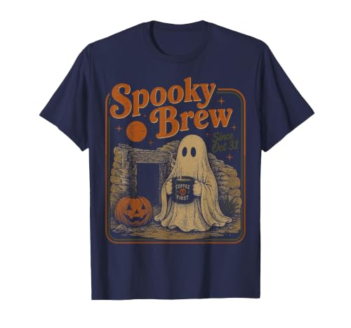 Halloween Spooky Brew Ghost Coffee Lover Vintage Halloween T-Shirt, Men, Navy Blue, 3X-Large