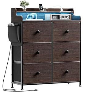 REAHOME Dresser for Bedroom with Charging Station and LED Lights, 6 Drawers Dresser TV Stand with Wooden Top, Tall Fabric Chest of Drawer, Sturdy Frame for Closet, Living Room, Hallway, Brown