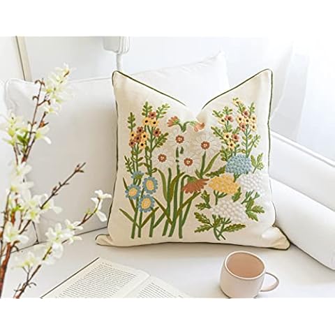 BLISSBLUSH Farmhouse Floral Linen Pillow Cover 20X20, Embroidery Cream Beige Pillow Cover (Cover ONLY) Cover