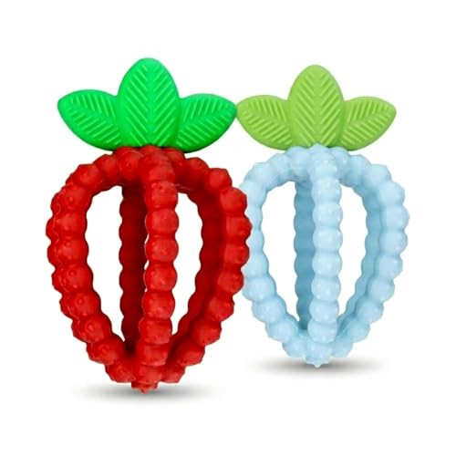 Image of RaZbaby Silicone Infant & Baby Teething Toy, Textured BerryBumps Soothe Babies Sore Gums, RaZberry Bites Relief Teether, Back & Front Teeth, BPA Free, Fruit Shape for Babies 3M+ (Red & Blue)
