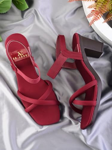 Image of XE Looks Women's Stylish Block Heels | Open-Toe Sandals with Elastic Support | Anti-Skid Sole & Cushioned Footbed Block Heels For Girls