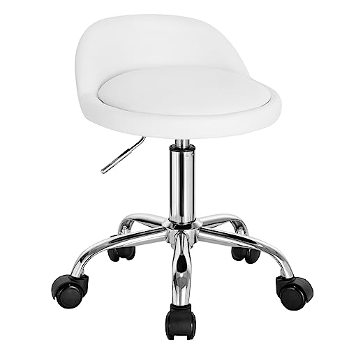 WOLTU Silla de Oficina Cuero Sintético, Silla de Escritorio sin Brazos, Taburete Giratorio para Salón de Masaje SPA, Taburete de Tocador, Blanco BS133ws