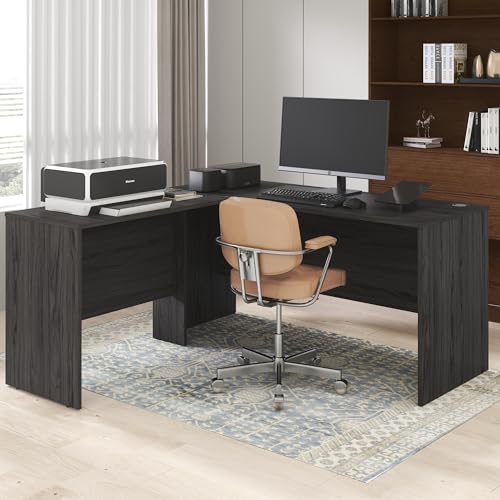 Image of Furinno Roger 60 Inch L-Shaped Office Desk, Executive Desk with Reversible Desk Return, Modesty Panel, Desk Cord Grommet, Scratchproof, for Home Office, Coastal Grey