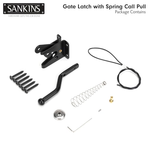Image of Self-Locking Gate Latch with Spring Cable Pull for Wooden Fence Gate Heavy Duty, Post Mount Automatic Gravity Lever Gate Fence Door Latches for Wooden Fence Secure Pool Garden Shed, Black
