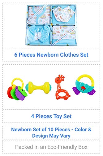 Image of Baby Boy's and Baby Girl's Baby Clothes and Toys Gift Set (Multicolour, 0-6 Months) - Pack of 10 Pieces