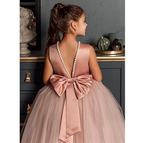 Flower Girls Dresses for Wedding Satin Tulle Pageant Princess Prom Ball Gowns with Pearls and Bow-Knot3