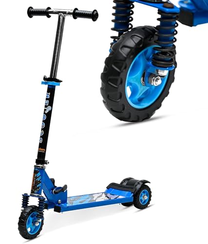 Image of Kick Steel Scooter for Kids, 3 Adjustable Height Scooter, Foldable & Attractive PVC Wheels with Rare Brakes for Kids Age Upto 3+ Years Strong Steel Base Heavy Dute Upto 70kg (with Shocker) (Blue)