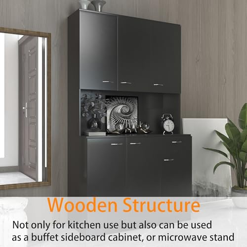 Image of Modern Kitchen Pantry Cabinet, 70.86 inch Tall Freestanding Cupboard with Multi-Tier Storage Rack and Microwave Stand for Kitchen, Living Room,Black