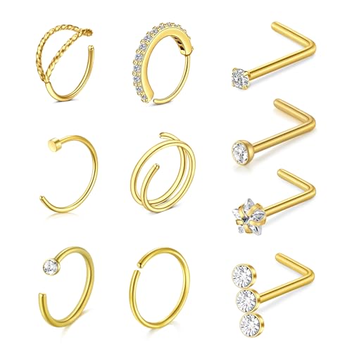 AVYRING 20G Nose Studs L Shaped Screws with Diamond Stainless Steel Gold Nose Rings Hoop Set with CZ for Women Men Pack of 10 Pieces
