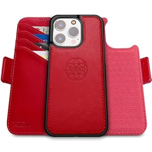 Dreem Fibonacci compatibel met iPhone 15 Pro Max portemonnee case / 2-in-1 schokbestendig hoesje en afneembare veganistisch lederen folio, MagSafe compatibel, RFID-bescherming [Rood]