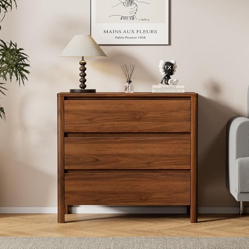 Image of Mid Century Modern Nightstand, 31.5 inch Wide Bedside Table with 3 Large Storage Drawers, Wood Legs, Wooden End Table for Bedroom, Walnut