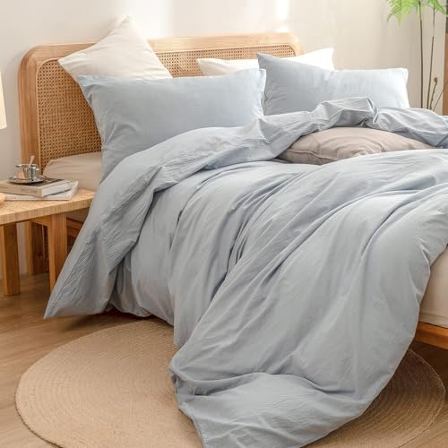 Image of BESTOUCH Cotton Solid Duvet Cover Set Cornflower Blue Alaska King | 100% Washed Cotton, Soft Wrinkle Texture, Hidden Zipper, 8 Ties, Breathable Lightweight Durable Comfy, 3 Pcs No Insert