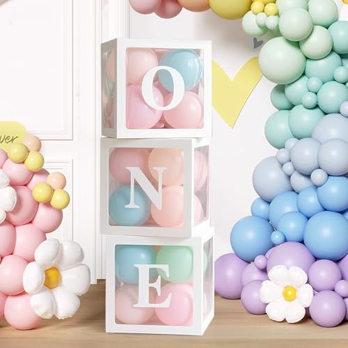 Miying Lot de 3 boîtes de ballons carrées blanches et transparentes avec lettres O N E pour 1er anniversaire