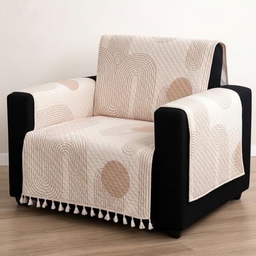 Image of House of Quirk IKATRA Series Quilted Printed Sofa Cover for Indian Sofa Set with Side Pocket - Premium Washable, Anti-Slip, Durable & Ultra Soft Fabric Protector (Beige Loom, One Seater)