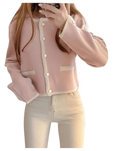 GORGLITTER Women's Button Up Cardigan Long Sleeve Open Front Contrast Binding Lightweight Fall Sweater Tops