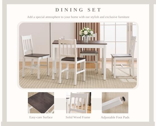 chairus Dining Table Set for 4 Farmhouse Dining Table and Chairs Set Wooden Rectangle Dinette Set of 5 for Small Space Kitchen Dining Room Living Room, Brown/White