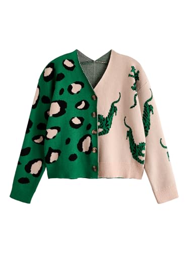 WDIRARA Girl's Leopard Animal Print Button Down Cardigan Sweater Color Block V Neck Knit Outerwear