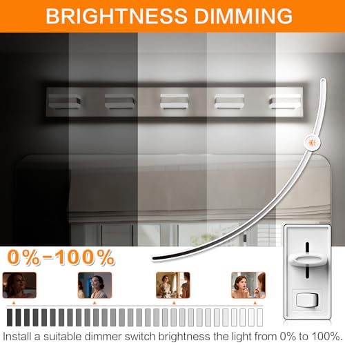 Image of SOLFART Bathroom Brushed Nickel Bathroom Light Fixture, Vanity Lights Over Mirror, 5 Light Led Lights for Bathrooms,5 Color Temperature Adjustable Vanity Lights for Bath Nickel ETL Listed