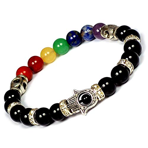 Image of Reiki Crystal Products Certified Natural Crystal Stone 7 Chakra with Hamsa 8 mm Round Beads Bracelet for Men & Women | Reiki Charged Gemstone Bracelet | Multiple Stone Variants Available