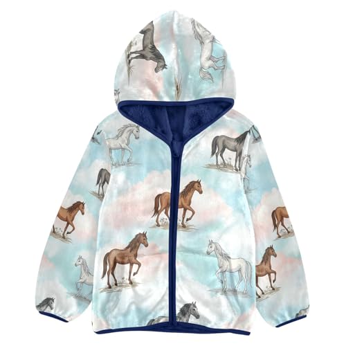 Horses Running on Clouds Toddler Fleece Jacket Girl Boys Hooded Fleece Jacket Coat Warm Outwear Zip-up 3-10T