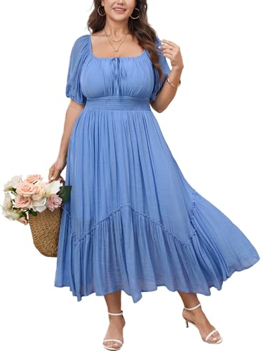 SHESTARR Womens Plus Size Dress Short Sleeve Square Neck Tie Front Ruffle Hem Boho Maxi Milkmaid Dress Sky Blue