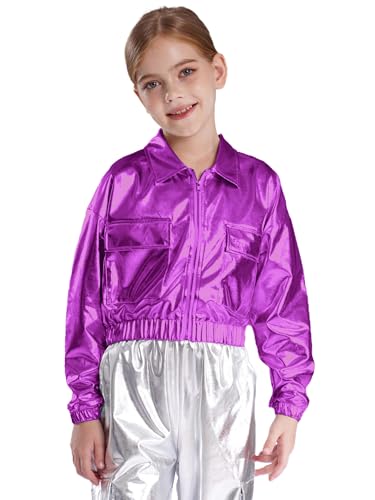 Kids Girls Boys Shiny Metallic Jacket Zipper Long Sleeve Jazz Hip Hop Dance Tops Sweatshirt Coat Outerwear