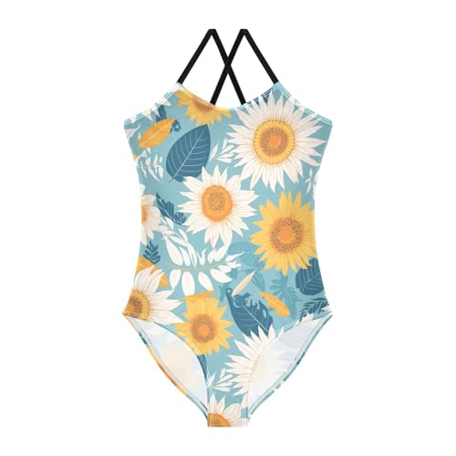Boho Style Sunflowers Kids Girls 1 Piece Bathing Suit Summer Swimwear Adjustable Shoulder Strap Quick-Dry