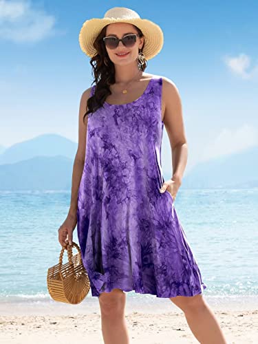 Image of BELAROI Women Plus Size Sundress Summer Casual Sleeveless Tshirt Dress Tie Dye Swing Tank Dresses with Pockets Beach Cover up