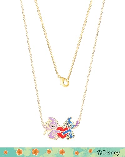 Disney Womens Stitch and Angel Heart Pendant Necklace 18" - 18kt Flash Plated Stitch Necklace Officially Licensed4