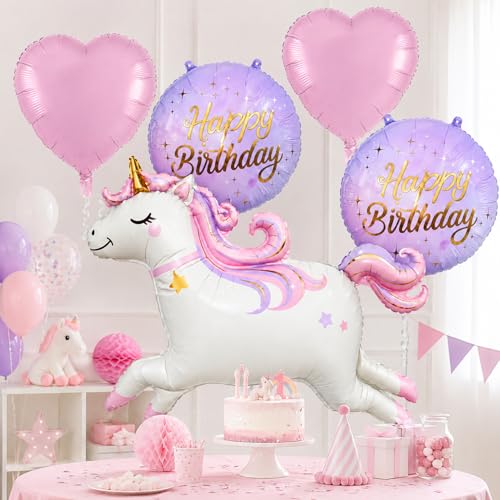 Image of Rozi Decoration Magical Unicorn Foil Balloon Set with Happy Birthday Round Balloons & Heart Balloons, 5 Pcs Birthday Decoration Kit for Kids Party, Unicorn Theme Celebration