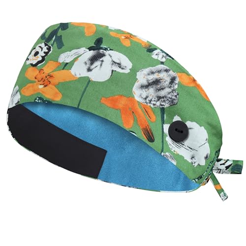Image of Adjustable Scrub Cap with Button, Satin-Lined Cotton Scrub Hat Sweatband, Elastic Working Hat Unisex, One Size