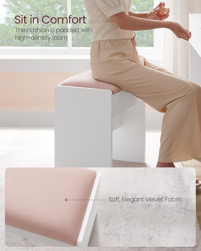 Image of VASAGLE KAILYN Collection - Velvet Vanity Stool, Upholstered Makeup Stool, Modern Footrest with Anti-Slip Pads, for Makeup Room, Bedroom, Entryway, Matte White and Jelly Pink URDS001W01S