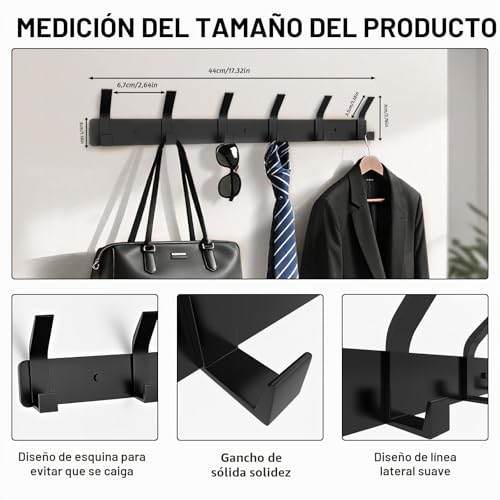 Miniatura 4 de Galerie Sv Perchero De Pared Con 6 Ganchos, Perchero De Pared Con 6 Ganchos, Perchero De Metal, Perchero Para Dormitorio, Baño, Cocina, Perchero, Perchero De Pared Negro