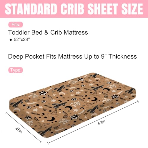 Image of Vintage Western Cowboy Baby Crib Sheet 52''x28'' Retro Cow Skull Cactus Sun Moon Stars Snug Fitted Crib Mattress Cover for Boy Girl Wild Plants Soft Baby Bed Sheet for Standard Crib Toddler Mattress
