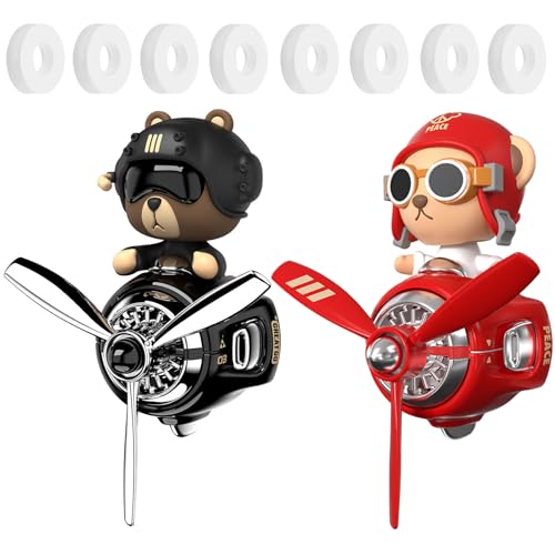 Image of 2Pcs Car Air Fresheners, Cute Bear Pilot Automotive Air Outlet Creative Car Perfume Diffuser, Automotive Accessories Air Vent Decoration with 8 Fragrant Tablets (Black 1+Red 1)