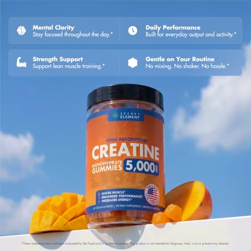 Image of Secret Element Creatine Monohydrate Gummies 5000 mg per Serving, Sugar Free Vegan Gummies, Non-GMO, Creatine Chews for Women & Men, 30 Servings, 120 Gummies, Mango Flavor