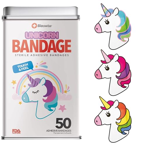 BioSwiss Bandages, Unicorn Shaped Self Adhesive Bandage Set, Latex Free, Sterile Wound Care, 50 Count