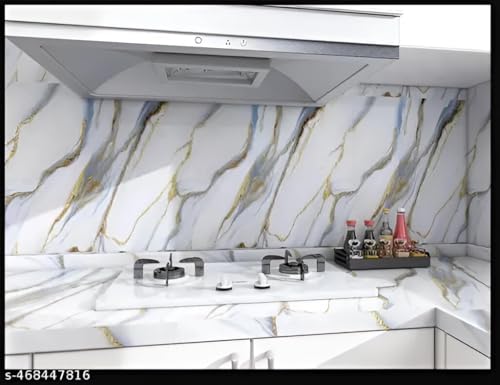 Image of TEKCOOL Wallpaper Waterproof & oil proof Kitchen Tiles Heat Resistant self Adhesive PVC Flooring Sheets Wall Stickers for Floor Kitchen,Wall,Bedroom, Living Room Wallpaper roll(60x200-3pc)(Grey gold)'