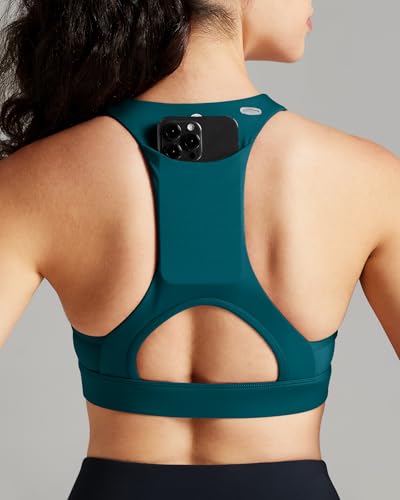Image of QUEENIEKE BareFlow Women's Sports Bras with Phone Pocket Medium Impact Padded Racerback Workout Gym Crop Top Running Yoga Bra