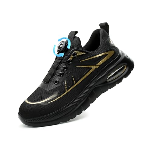 GemChve Sicherheitsschuhe Herren Arbeitsschuhe Damen Leicht rutschfeste Luftkissen Stahlkappenschuhe mit Drehverschluss Black 42EU