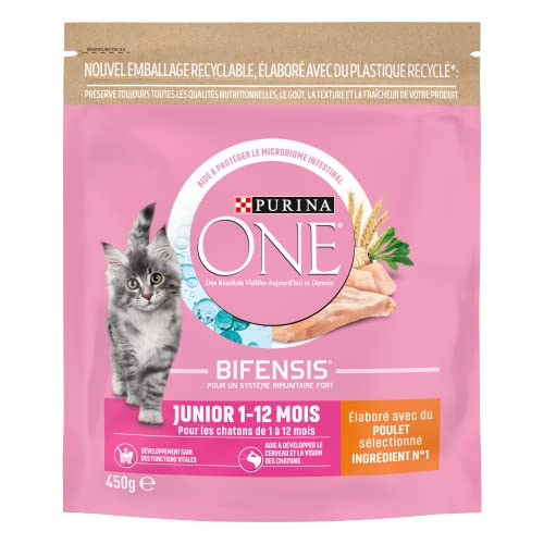 Purina One Junior 1 bis 12 Monate mit Huhn und Vollkornkätzchen Trockenfutter, 450g