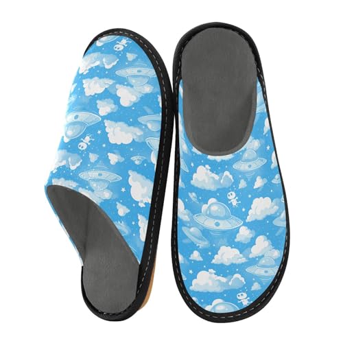visesunny Women Men's Fuzzy Slippers Plush Warm Winter Blue Ufo Alien Cloud Cozy House Slippers Comfy Indoor Shoes