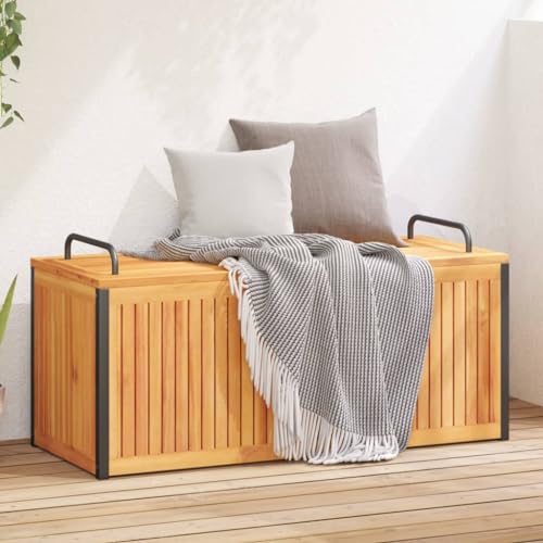 Frdhee Banco Almacenaje Dormitorio, Baúl de Cojines de jardín Acacia Maciza y Acero 110x45x42/53 cm Banco Almacenaje para Cojines de Muebles de jardín
