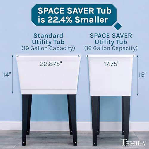Image of White Space Saver Utility Sink by JS Jackson Supplies, Freestanding Tehila Space Saving Laundry Tub, Stainless Steel Pull-Down Faucet, Soap Dispenser
