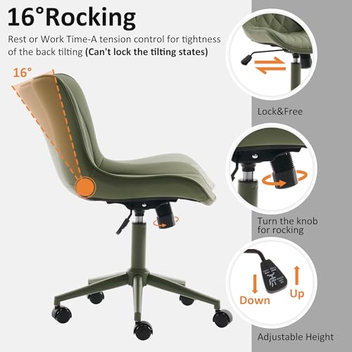 Image of YOUTASTE Green Armless Office Chair, Modern Adjustable Swivel Desk Chair with Wheels, Upholstered PU Leather, Green Metal Legs, Back Support for Home Office, Study, Vanity, Bedroom