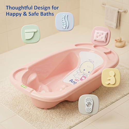 Image of Baybee Lullie Baby Bath Tub for Kids with Anti-Slip Base & Easy Drain | Babies Bathtub with Built-in Soap & Accessory Holder | Spacious Baby Bath Tub for 0-5 Years Boys Girls (Pink)